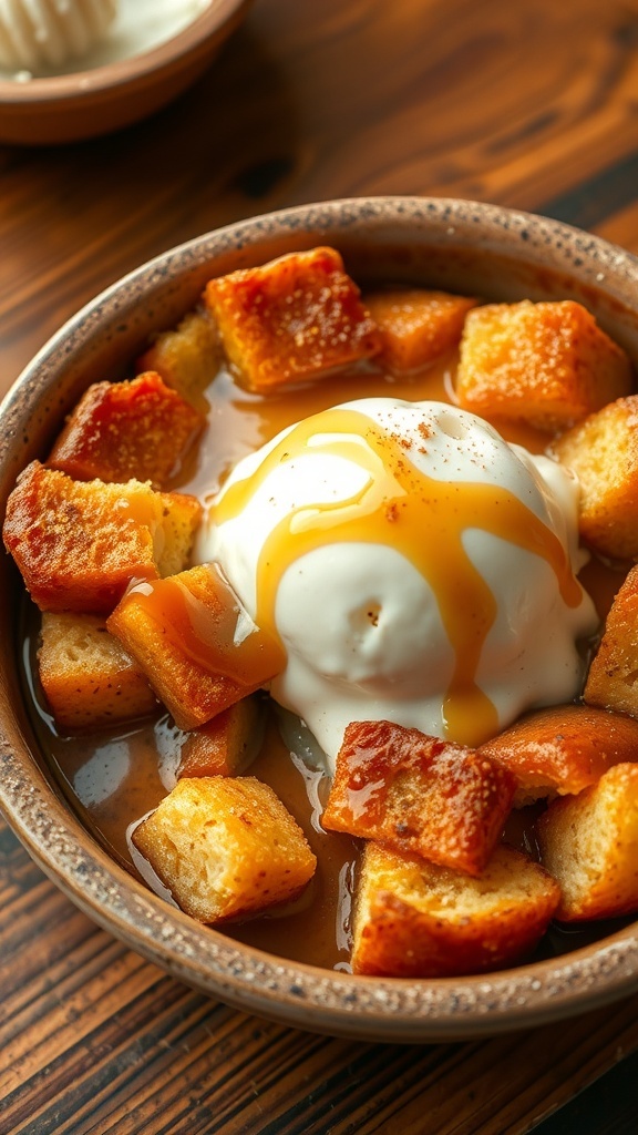 A delicious bread pudding topped with caramel sauce and ice cream, served in a rustic bowl.